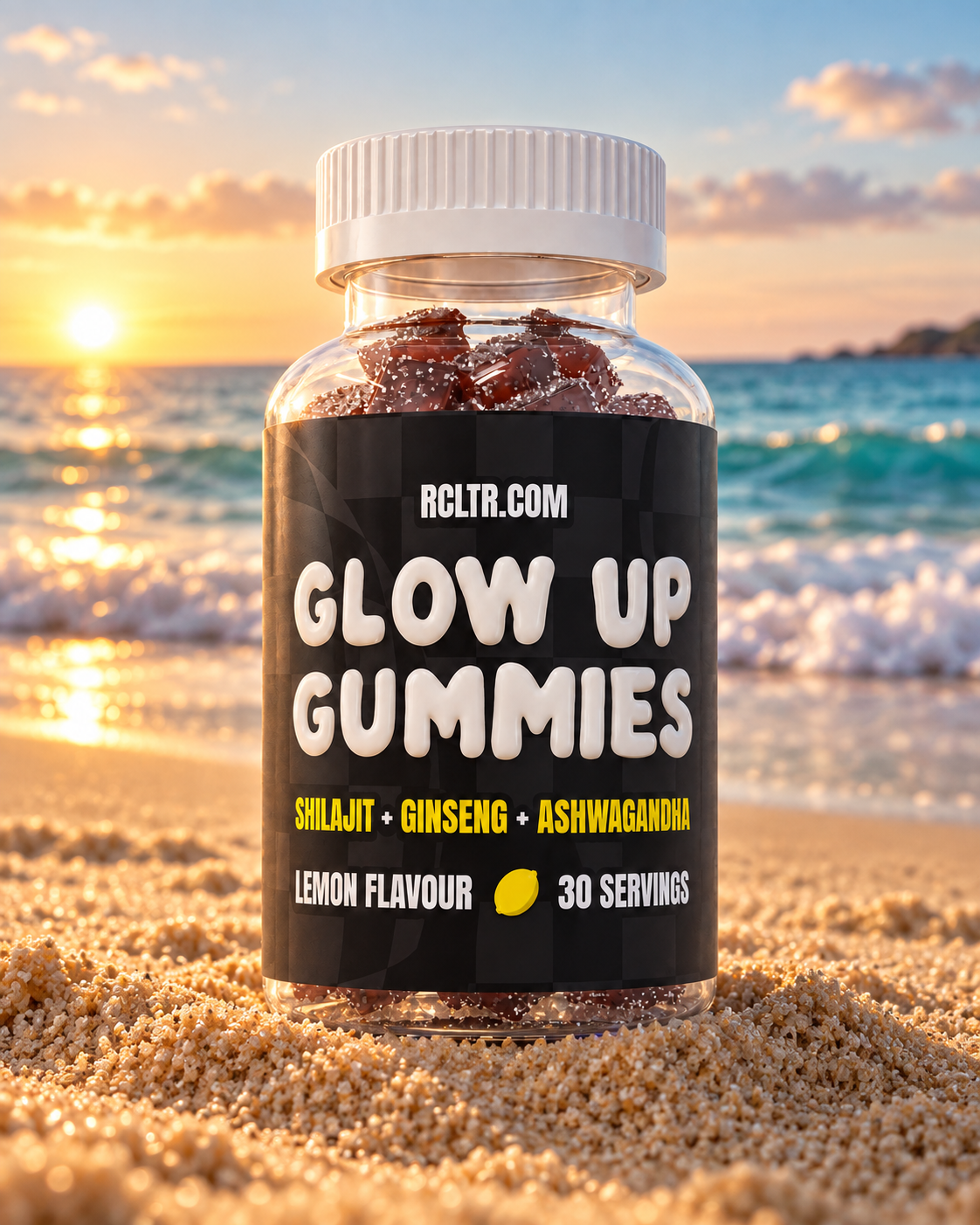 Glow Up Gummies bottle on a beach at sunrise