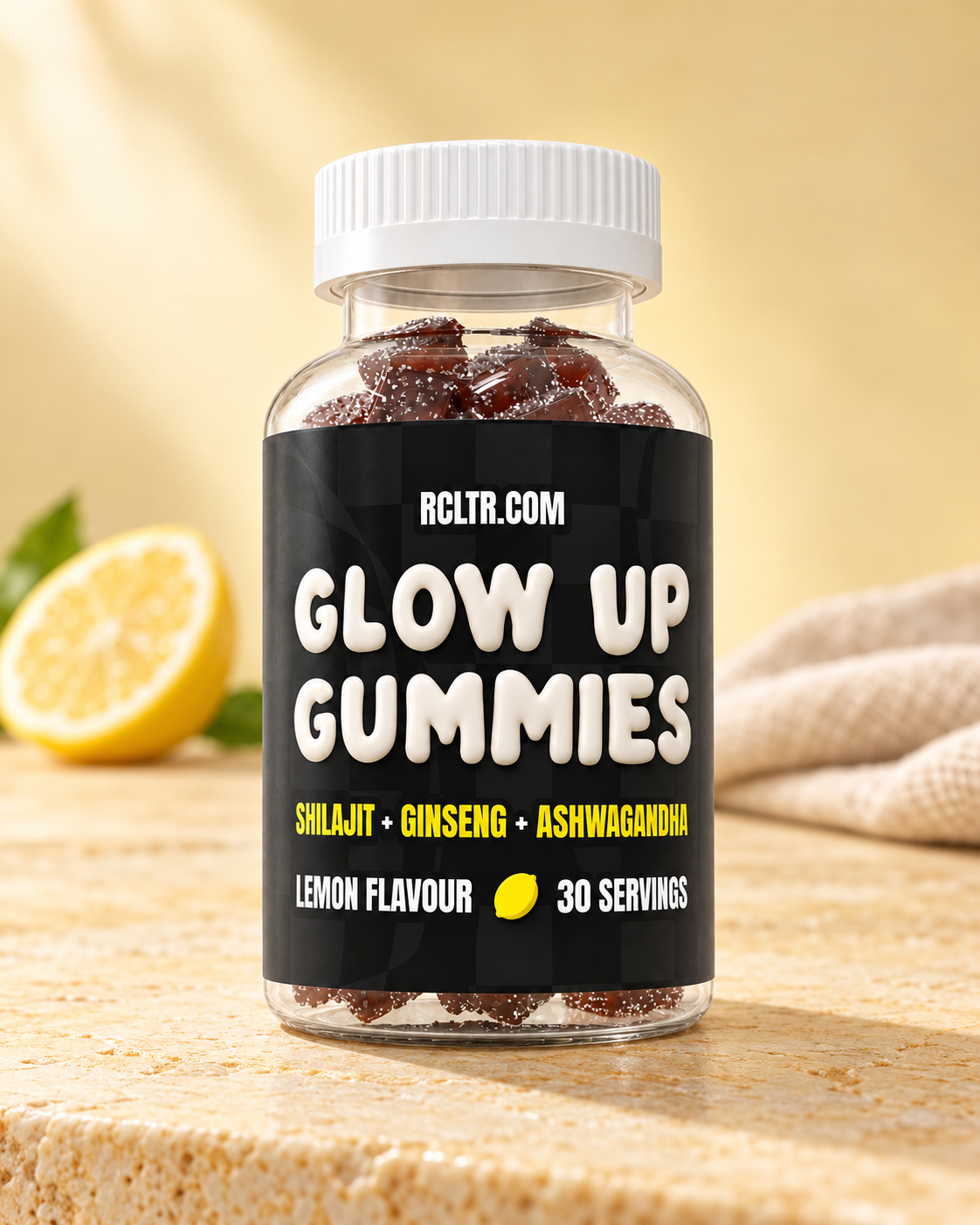 Glow Up Gummies bottle on a bright studio table