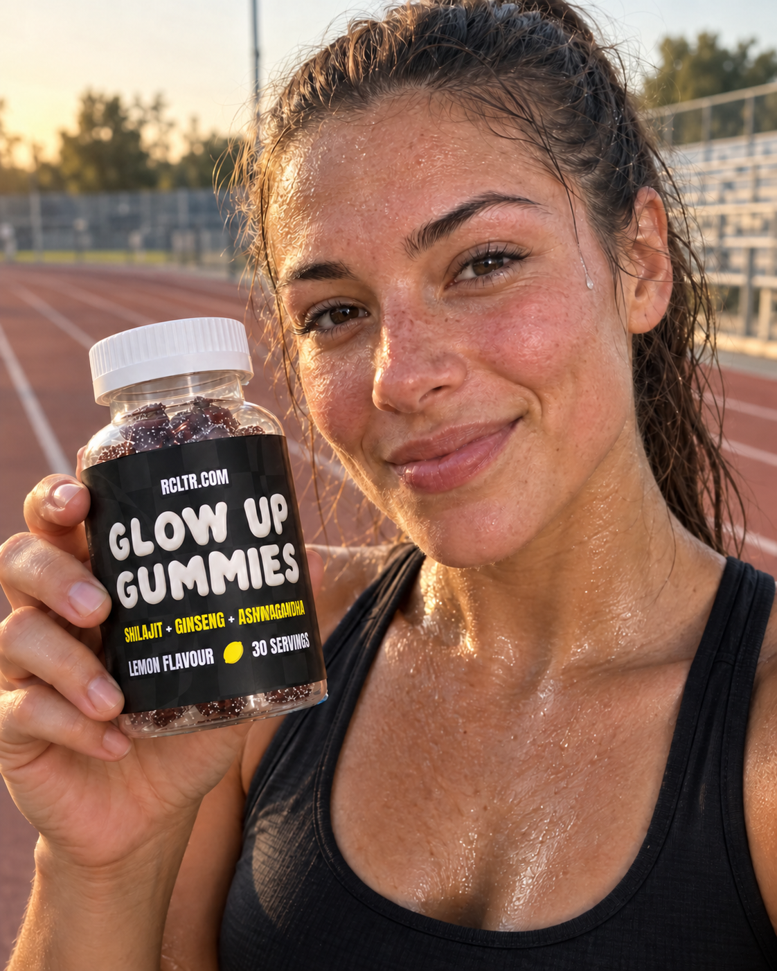 Creator holding Glow Up Gummies after training