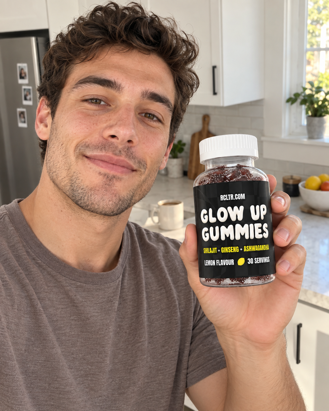 Creator holding Glow Up Gummies in a kitchen