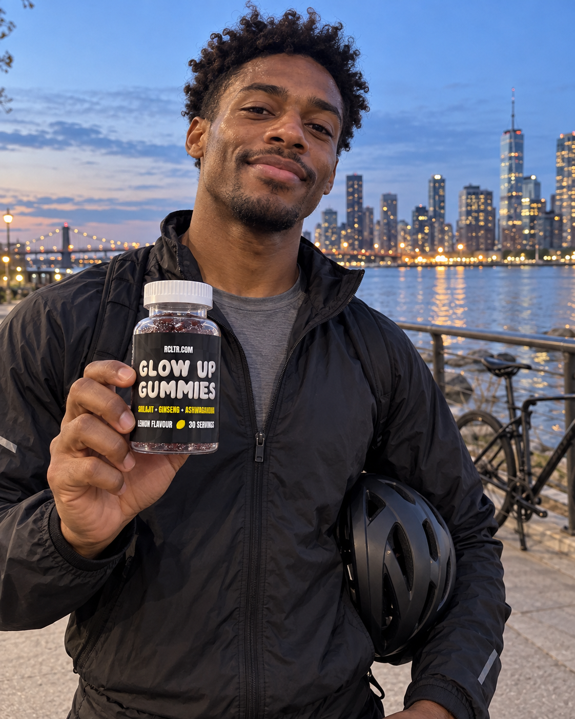 Creator holding Glow Up Gummies at blue hour